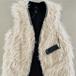 SHERPA FAUX SHEARLING OPEN LONG HIPPIE VEST SILVER BEAD TRIM VINTAGE STYLE 1970s